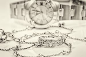 Silver ring and chain on the background of watches