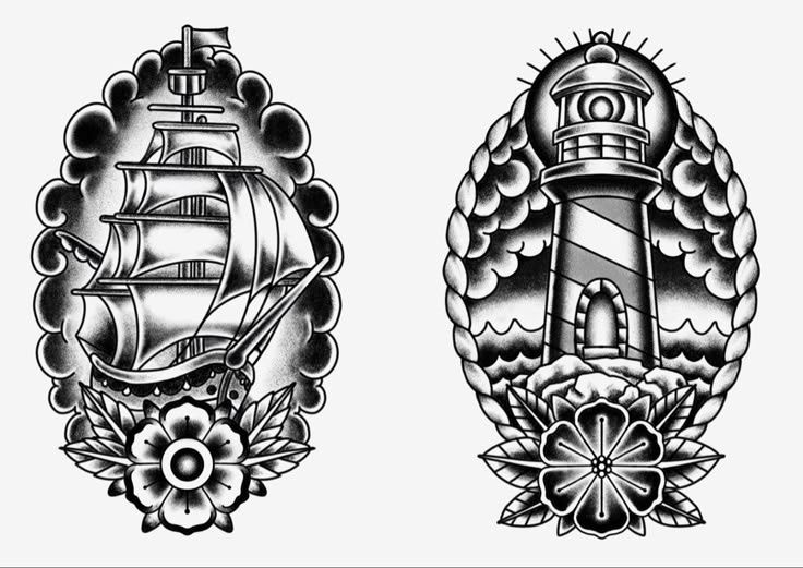 Traditional nautical tattoo flash showing a sailing ship and lighthouse