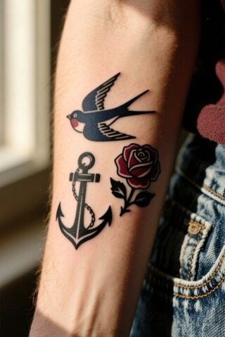 Forearm tattoo featuring a swallow, anchor, and red rose